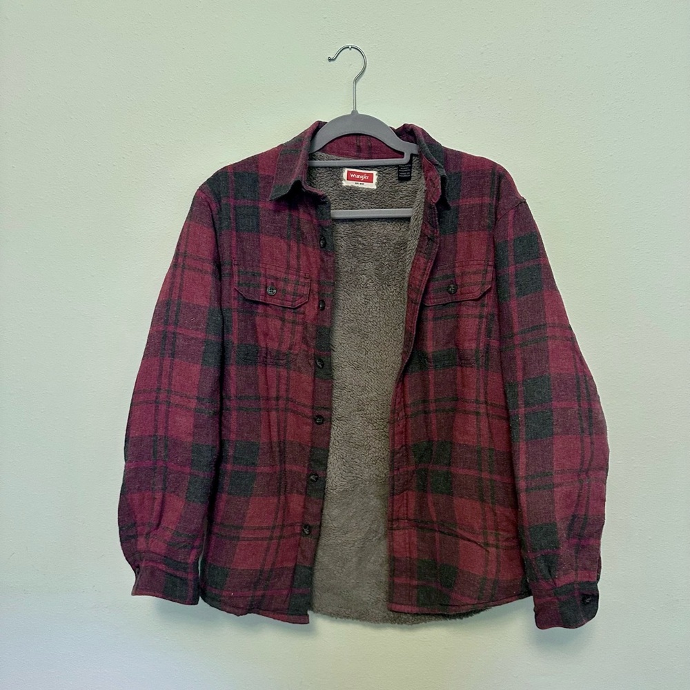 Wrangler Red and Gray Plaid Sherpa-Lined Shacket/Jacket